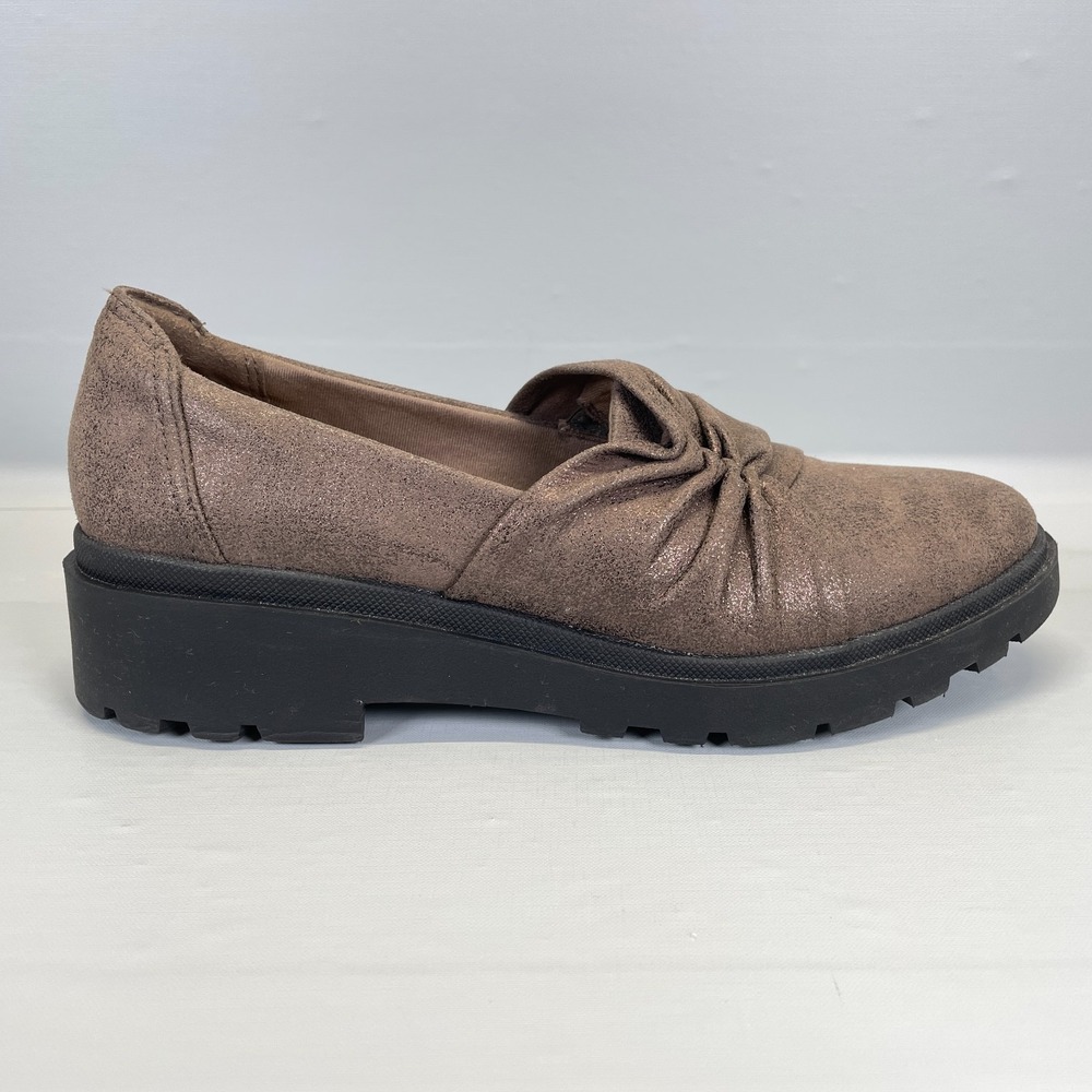 Clarks Calla Style Wedge Shoes Womens Size 10 Pewter Suede Ruched Slip On Loafer